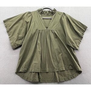 Nili Lotan Blouse Womens Olive Green Ruffle Neck V-Neck Pleated Blouse Art Sz S